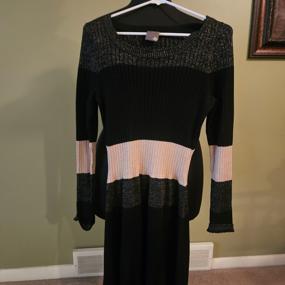 Taylor Black and Light Pink Colorblock Ribbed Long-Sleeve Dress